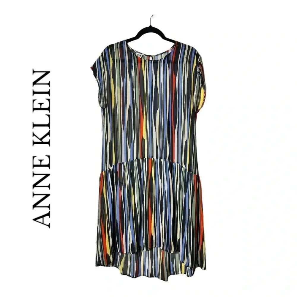 1911. ANNE KLEIN STRIPED SHORT SLEEVE COVERUP/OVERLAY DRESS HI LOW‎ BOTTOM SZ 10